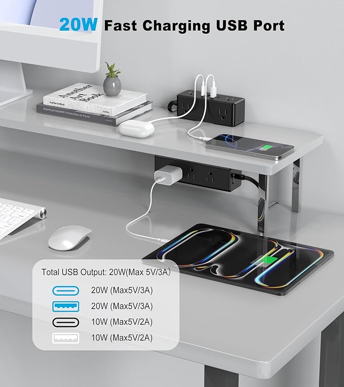 Dual Layer Desk Clamp Power Strip, 19 in 1 Desktop Edge Mount Surge Protector with 4 USB Ports(2 USB-C) & 15 AC Outlets, Ultra Thin Flat Plug & 15FT Power Cord for Office Home(ETL Listed)