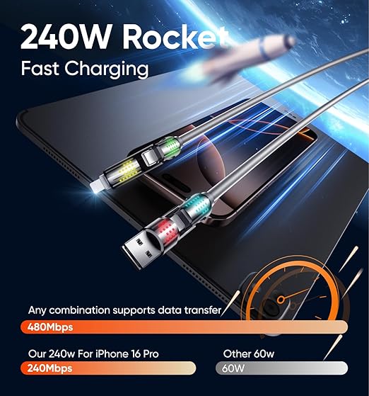 MAGIC JOHN 240W 4 in 1 Charging Cable, 6.6FT USB C to Lightning Cable [MFi Certified], Chubby USB A/C to C/Lightning with Light for iPhone/MacBook/iPad/Samsung/Switch 2, Multi Chargers for All Devices