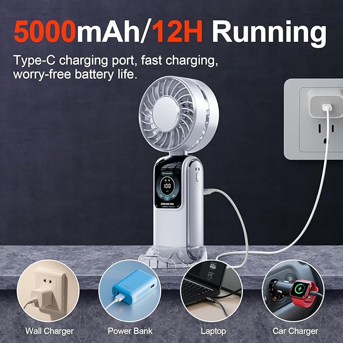 Blows Cold Air Portable Handheld Fan with Stand & Lanyard, 5000mAh USB-C Rechargeable Battery, 12H/5-Speed LED Display Mini Fan for Travel Beach Cruise Concerts Outdoor Events(White)