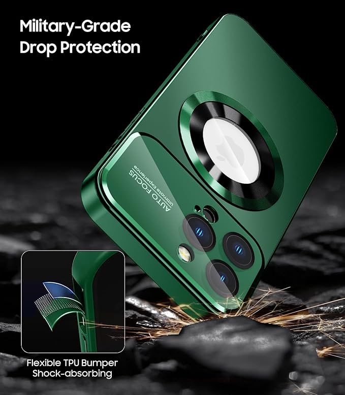 Magnetic for iPhone 12 Pro Max Case, Compatible with MagSafe, Built-in Camera Lens Protector, Logo View, Military Grade Drop Proof Phone Case Cover, Green