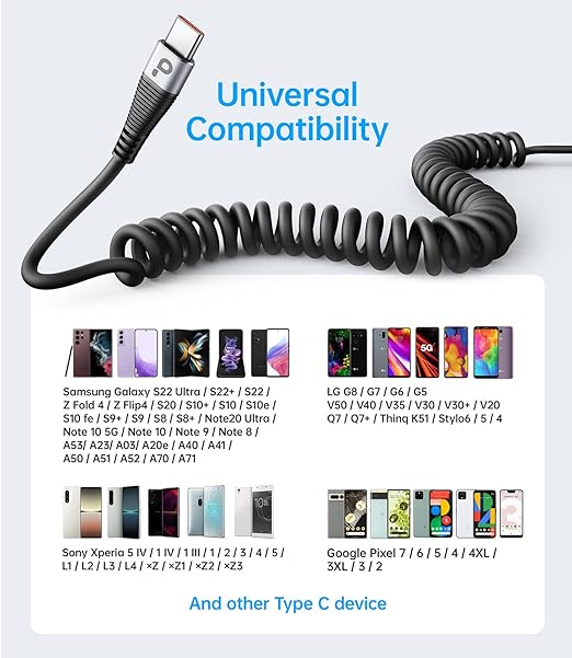 Coiled USBC to USBC Cables for Car 3FT/5FT, USB C to USB C Fast Charging Cables Short Type C Cord for iPhone 16/15/Pro/Plus/Pro Max/Samsung Galaxy S23, Compatible All Type C Devices-Silver 2Pack