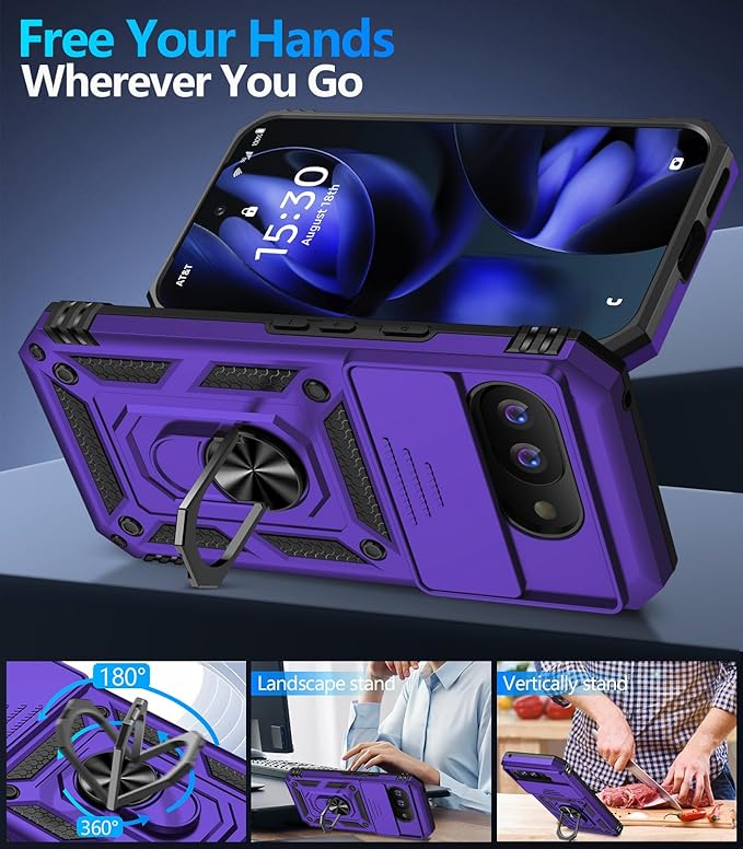 Taisairu for Google Pixel 9A Case with Screen Protector & Slide Camera Lens Cover, Built-in 360°Rotate Magnetic Ring Stand Shockproof Protective Phone Case for Google Pixel 9A Case (Purple)