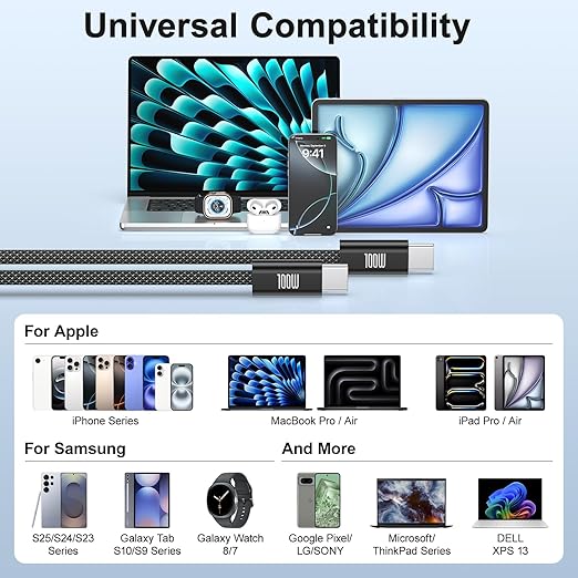 USB-C to USB-C Cable, [6.6ft, 2-Pack] 100W USB C to C Fast Charging Cable, Braided Type C Charger Fast USBC to USBC Cable for iPhone 17 16 15 Pro Max Plus,MacBook Pro,iPad,Galaxy S25/S24 Ultra,Pixel