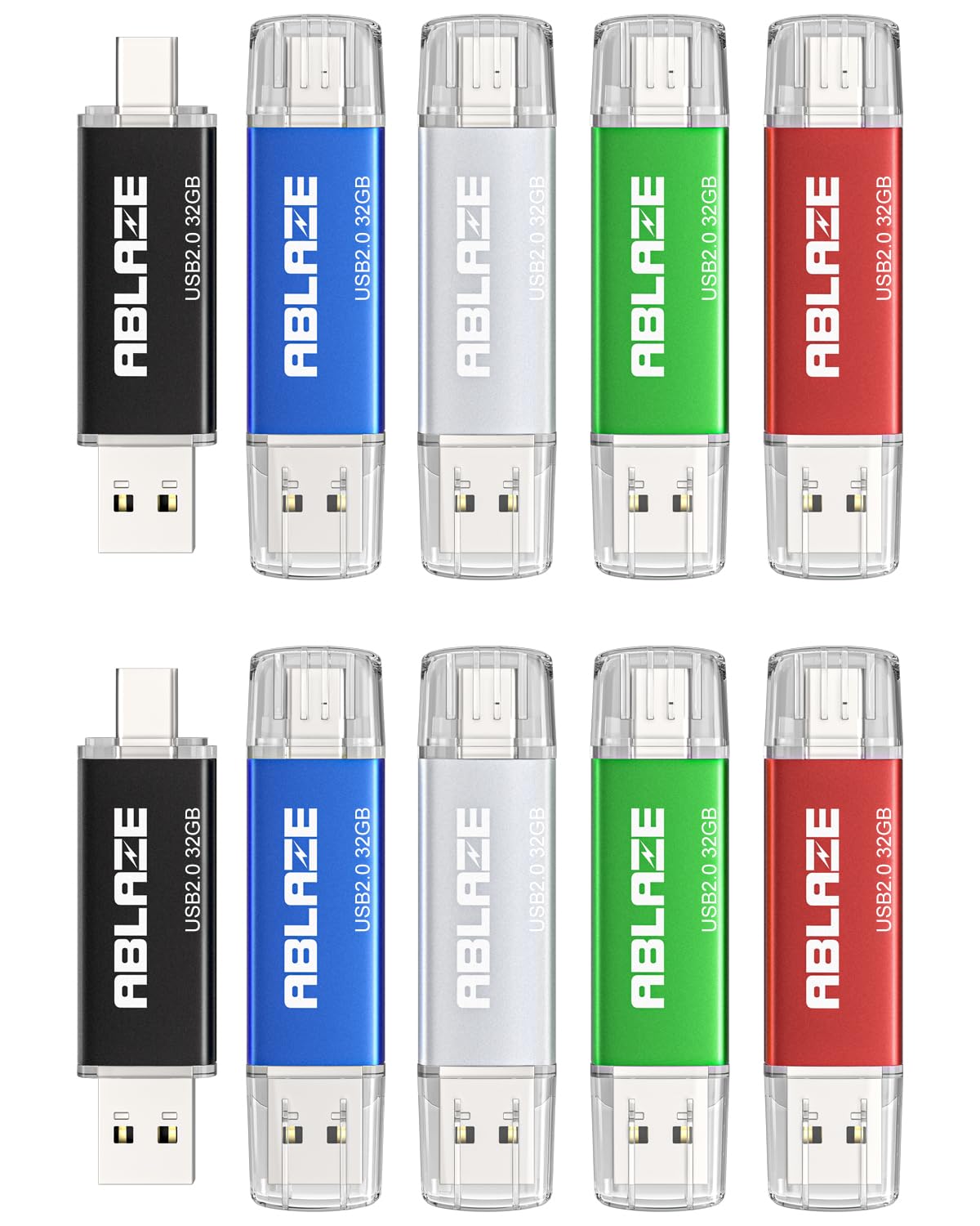 ABLAZE 32GB Type C Flash Drive 10 Pack, Dual USB 2.0+USB C Memory Stick Thumb Drive Compatible with iPhone 16/15, Android Smartphone, Computers, Tablets, Mac,iPad,PC