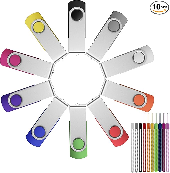 FEBNISCTE Thumb Drive 4GB 10 Pack USB Flash Drives Bulk, Swivel Jump Drive 4 GB Multi-Coloured Pen Drive USB 2.0 Memory Stick with Cords, Data Storage Pendrive 10 Color Assorted Zip Drives