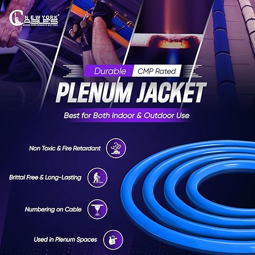 Cat6A Plenum (CMP) Cable 1000ft Blue | 100% Solid Bare Copper 750MHz, PoE++ (4PPoE) 23AWG 4 Pair (UTP) Solid Conductors Quality Tested High Speed cat 6a Ethernet Cable for Networking By Newyork Cables