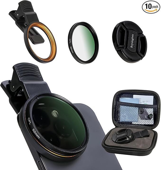 52MM Circular Polarizer Filter, Ultra Slim Multi-Coated CPL Lens Filter, Clip-on Phone Camera Filter Kit, Compatible for iPhone 15 14 13 12 11,Motorola, Google Pixel and Other Smart Phones