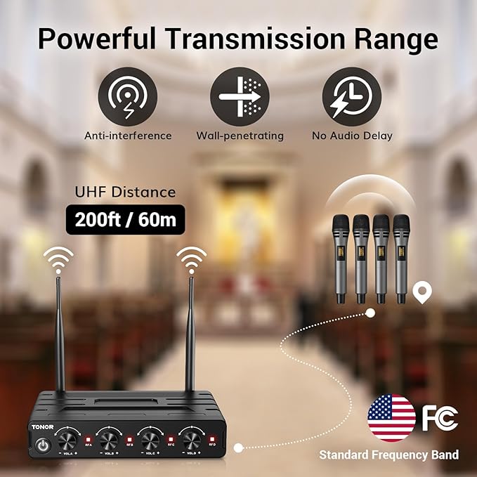 TONOR Wireless Microphones System with 4x10 Channels Cordless Handheld Microfono Inalambrico, 200FT UHF Range, Mics with Stable Signal Transmission for Karaoke Singing Party Church Wedding PA Speaker