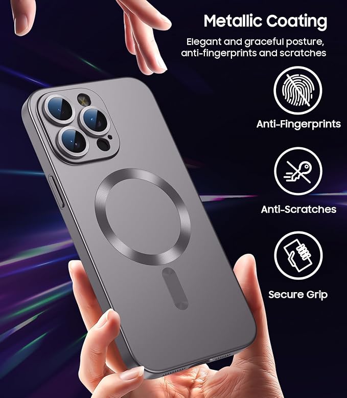 Magnetic for iPhone 15 Pro Case [Compatible with MagSafe][Built-in Camera Lens Protector] Slim Soft Silicone Bumper Shockproof Metallic Shine Phone Case (Gray)