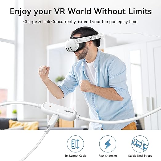 AMVR 16FT(5M) Charging Link Cable Accessories Compatible with Meta Quest 3/3S/Pico 4 - Data Line with Separate Fast Charging Port, High-Speed Max 5Mbps Transfer to PCVR/SteamVR, Play While Charger