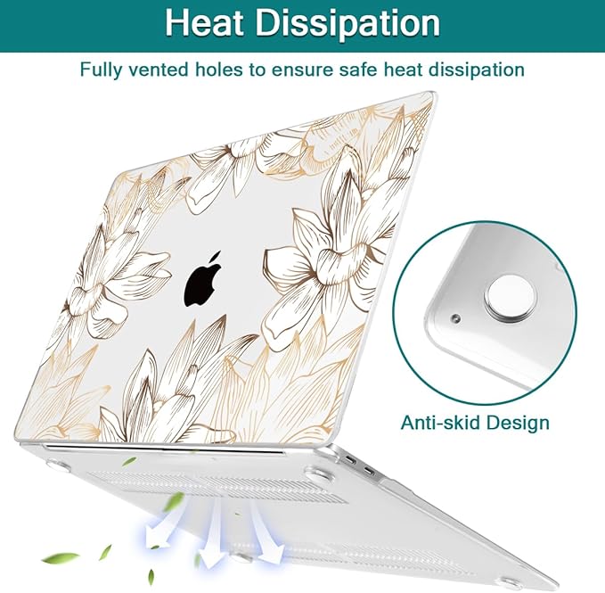 Teryeefi for MacBook Air 13 inch Case M1 2021 2020 2019 2018 Release (A2337 A2179 A1932 Retina Display with Touch ID), Plastic Hard Shell Case & Keyboard Cover & Screen Protector, W-Gold Flower Line