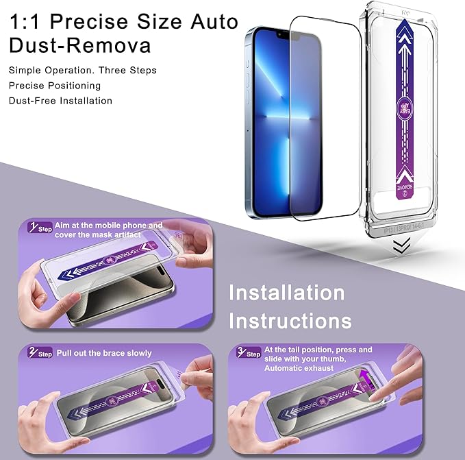 2 Pack Screen Protector for iPhone 16e/iPhone 14/iPhone 13 Pro/iPhone 13, 9H Tempered Glass, Full Cover, Anti-Fingerprint, Auto Dust-Elimination, No Bubble, Easy Installation