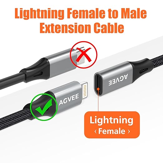 AGVEE 4 inch Lightning Extension Cable, Braided Female to Male Extender Full Function Cord Compatible with iPhone iPad, Data Sync Video Audio & Charging Connector Adapter, Dark Gray
