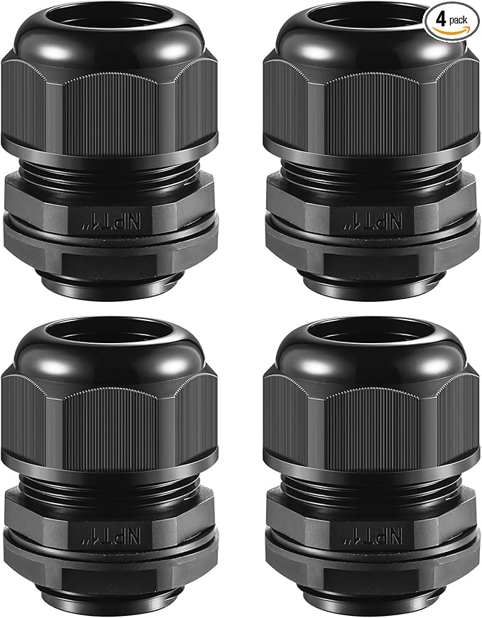 4 Pcs 1"(17-25mm) NPT Nylon Cable Gland Joints with Gaskets, IP68 Adjustable Lock Nut Strain Relief Cord Grip Waterproof Cable Glands - UL Listed and RoHS Compliant