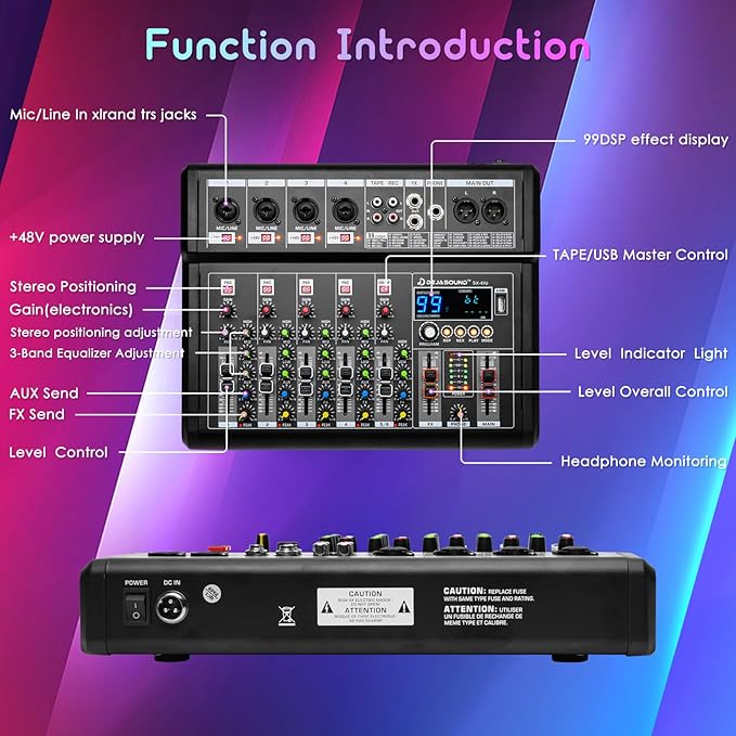 8-Channel Audio Mixer for PC,SX-8iu Mixing Console with XLR Inputs, Bluetooth, 99 Digital Signal Processor Effects, USB Interface, MP3 Compatible for Podcast, Music, Recording 9.84"x2.17"x15.35"inches