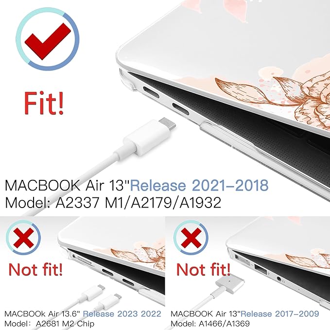 MEEgoodo for MacBook Air 13.3 inch Case 2021 2020 2019 2018 A2337 M1 A2179 A1932,Clear Case for MacBook Air M1, Laptop Shell with Keyboard Webcam Cover & Trackpad Film & Type C Adapter,Floral Elements