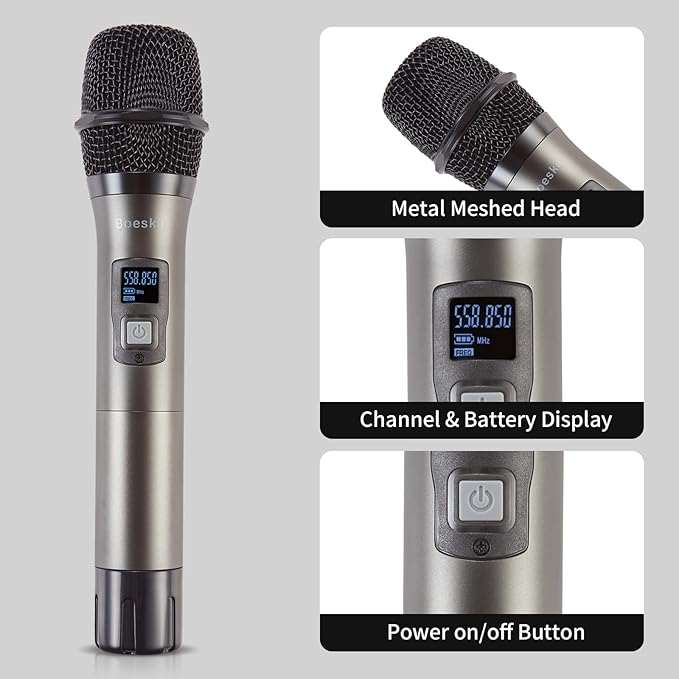 4 Channel Wireless Microphone System UHF 2 Cordless Handheld Mics and 2 Lavalier Headset Mics for Karaoke Church Speaking Conference Meeting Party, 4x25 Adjustable Frequency (2 Handheld + 2 Bodypack)