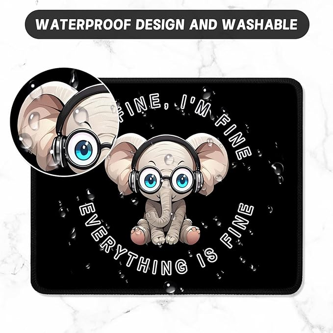 ITNRSIIET Mouse Pad with Stitched Edge Premium Textured Smooth Precise Operation Waterproof Washable Non-Slip Rubber Base Desktop Protection Mat, 10.2×8.3×0.12 inches, Pretty Fine Elephant