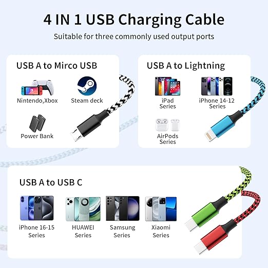 Travel Essentials Dual Type-C 4 in 1 Charging Cable 2 Pack 5FT Multi Charging Cables for All Devices,Universal USB Cable Adapter 2 USB-C/IP/Micro Port for Cell Phones Tablets Samsung Galaxy PS & More