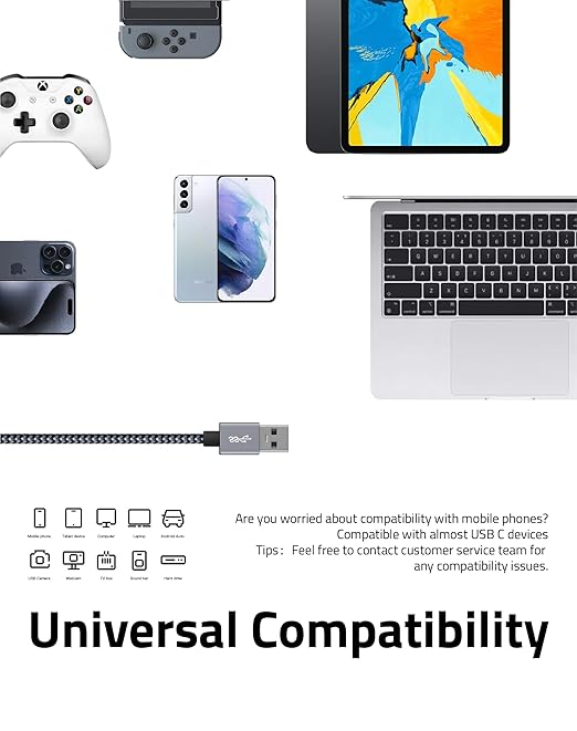 FHG 6FT 3.3FT USB 3.0 to USB C Cable 2Pack, High-Speed Transfer of 1GB in 2sec, 3A Fast Charging from 20% to 80% in 35mins, Sturdy Nylon Braided USB Data Cable, Compatible for iPhone 15/Galaxy/Win