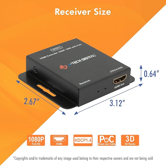 J-Tech Digital HDMI Extender Over Single Ethernet Cat5e/6/7 1080P Up to 1080P 160ft Support PoC 3D Digital Audio, Works with Laptop Desktop, Transmitter and Receiver [JTECH-EX2]