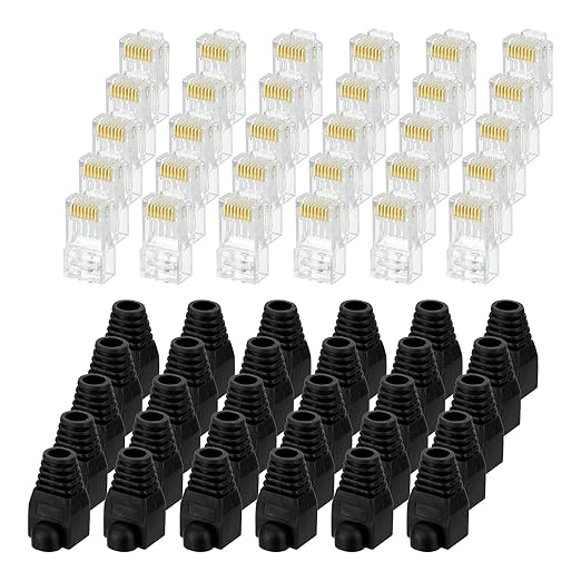 MECCANIXITY 30pcs Cat6 RJ45 Pass Through Connectors, RJ45 Connector 8P8C Gold Plated Plugs with 30pcs Black Strain Relief Boots for Solid or Stranded UTP Ethernet Cable, 1.1mm