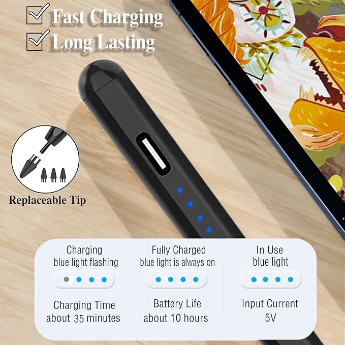 Active Stylus Pens for Touch Screens Rechargeable Tablet Pen POM Tip Magnetic iPad Pencil Stylus Pen for iPad/Pro/Air/Mini/iPhone and Other Smartphone Device-Black