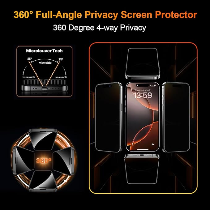 OneFish 2 Pack Privacy Screen Protector for iPhone 15 Pro Max - 4-Way 360° Anti-Spy Tempered Glass, 9H Hardness, 3D Curved Edges, Case-Friendly & Easy Installation