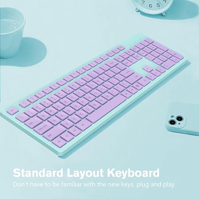 LeadsaiL Wireless Keyboard, 2.4GHz Full-Sized Ergonomic Computer Keyboard, Cordless Noiseless Keyboard,12 FN Shortcuts for Windows MacOS Laptop Computer - Purple and Mint Green