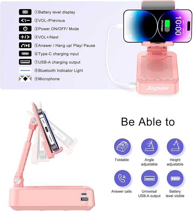 Gifts for Men Women, Phone Stand with Bluetooth Speaker and Charging Function 360° Rotable Angel Adjustable Cell Phone Holder with HD Stereo Sound Fits All Phones,Tablet (Pink)