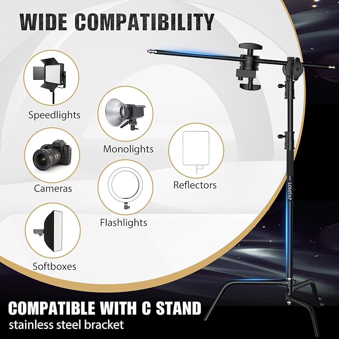 LOMTAP C Stand Light Stand Stainless Metal Photography Kit - Heavy Duty 6.8ft/210cm Vertical Pole, 2.8ft/87cm Boom Arm, Adjustable Base, Water Sandbag, 2 Grip Heads, 3 Clips for Softbox, Reflector