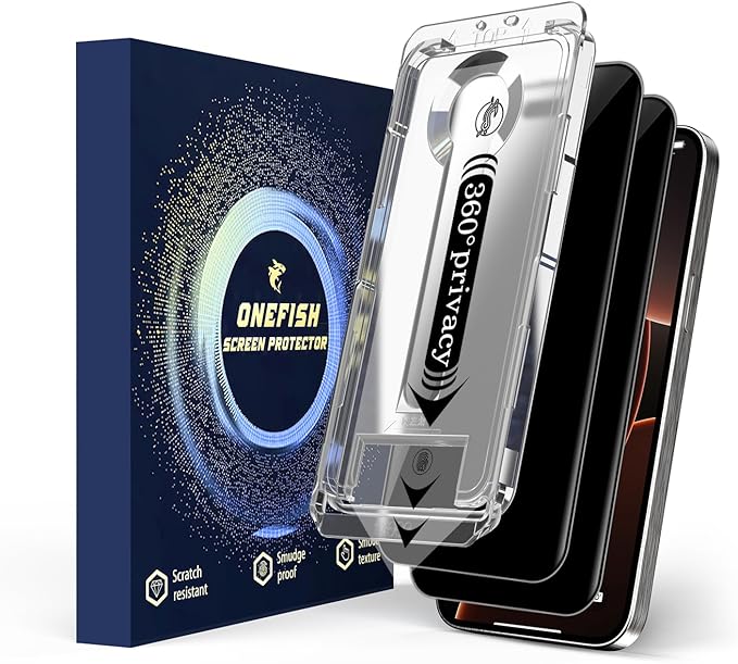 OneFish 2 Pack Privacy Screen Protector for iPhone 14 Pro - 4-Way 360° Anti-Spy Tempered Glass, 9H Hardness, 3D Curved Edges, Case-Friendly & Easy Installation