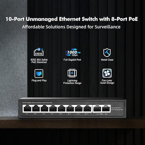 10 Port Mini Gigabit PoE Switch with 8 PoE+ Port, 2 Gigabit RJ45 Uplink, 10/100/1000Mbps, IEEE802.3af/at, Max 120W, YuLinca Metal Fanless Plug & Play Ethernet Switch