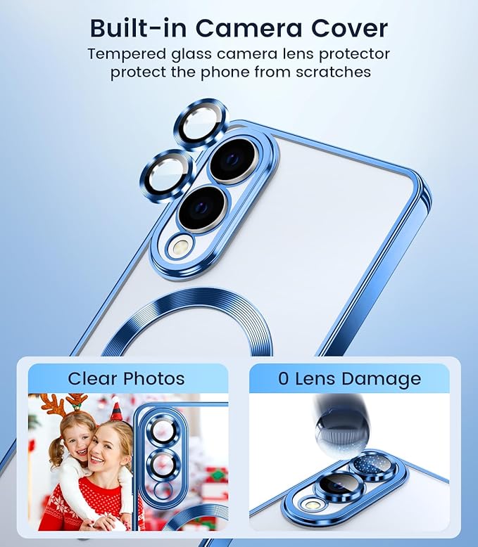 Slim Thin for Samsung Galaxy S25 Edge Case, Compatible with MagSafe, Built-in Camera Lens Protector, Shockproof Protective Phone Case, Soft Electroplated Clear Cover, Sapphire Blue