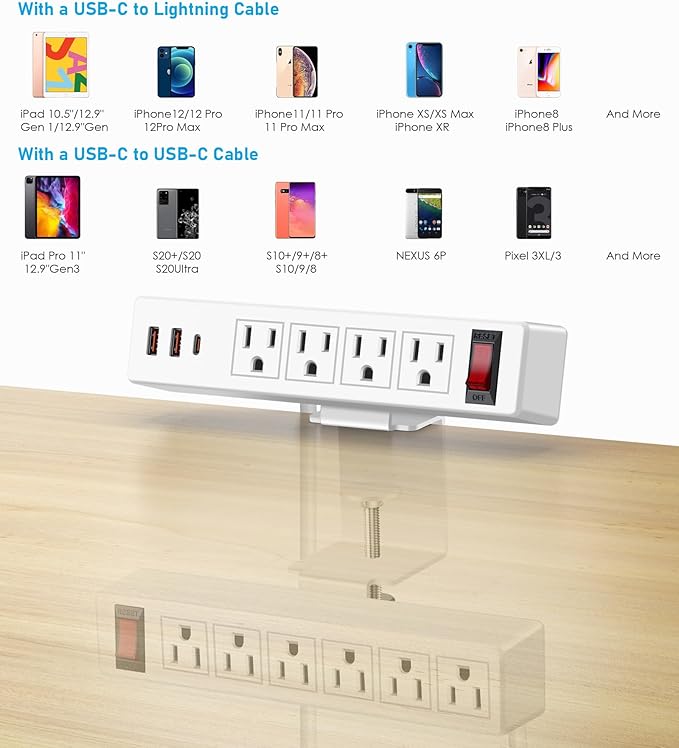 Desk Clamp Power Strip with PD20W USB-C, 2 in 1 Dual Layer Under Desk Power Strip, Removable Clamp Power Socket with 10AC Outlets & Switch, 6ft Extension Cord(ETL Listed)