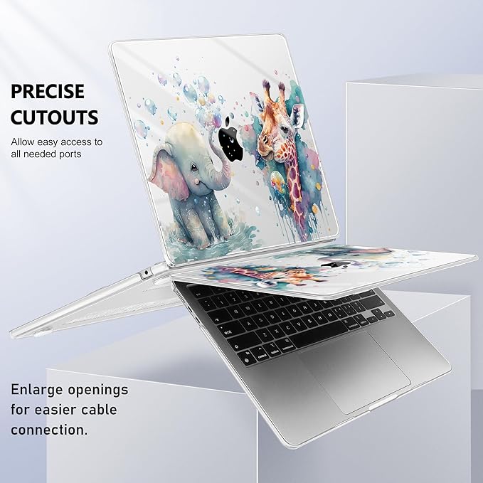 Case for MacBook Air 15 Inch 2025 2024 2023 Release M4 A3241 M3 A3114 M2 A2941, Hard Shell with Screen Protector & Keyboard Cover, Compatible with Touch ID - Elephant & Giraffe