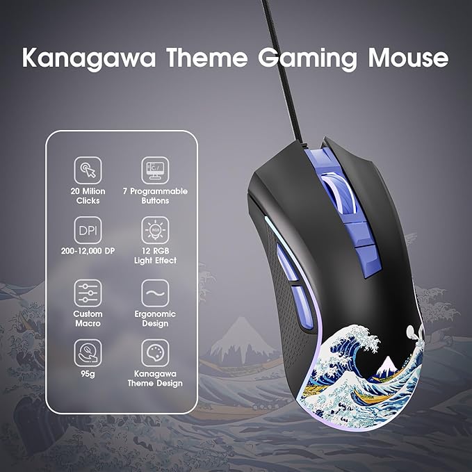 HITIME XVX Wired Gaming Mouse, 12000 DPI RGB Mouse with 12 Backlit Modes & 7 Macro Buttons, PC Gaming Mice Support DIY Keybinding, Gamer Computer Mice for Laptop PC Mac Windows, Kanagawa