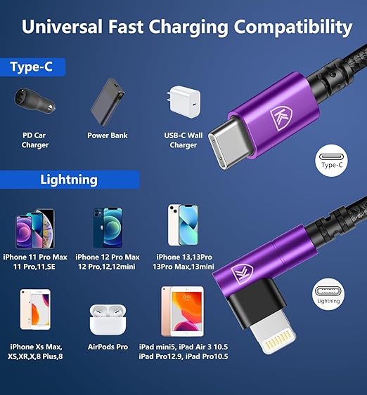 90 Degree USB C to Lightning 10FT, iPhone Charger Cables [Apple MFi Certified] 3Pack Fast Charging Cord, Nylon Braided USB C Lightning Cable Compatible with iPhone 14/13/12/11/Pro Max/Plus/8/7-Purple