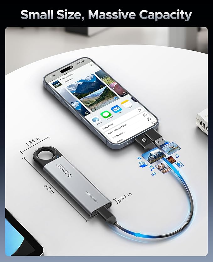 ORICO 256GB External SSD Up to 1050MB/s, Hanging Hole Design Portable Solid State Drive, USB C&A 2 in 1 Cable, Reliable Storage for Type-C Smartphone, Tablets, Laptops - C10
