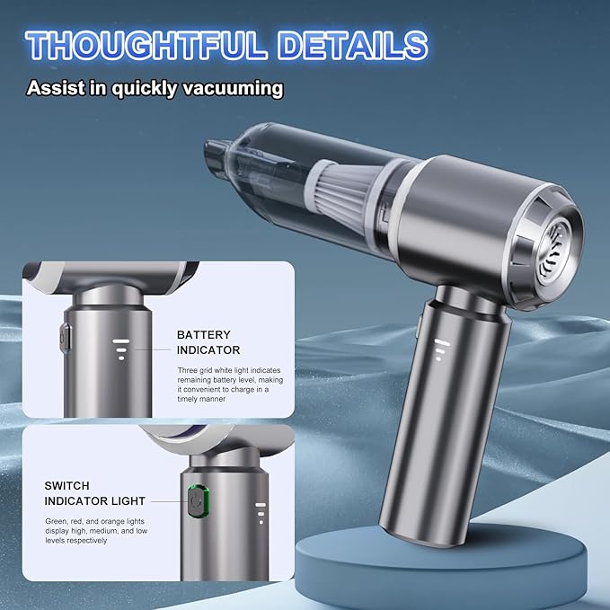 4-in-1 Cordless Handheld Vacuum, Portable Car Vacuum Detailing Kit, Compact Vac with Crevice Tool & Brushless Motor, Type-C Charge, 16000Pa Suction Power for Car, Office Desk, Keyboards, Home