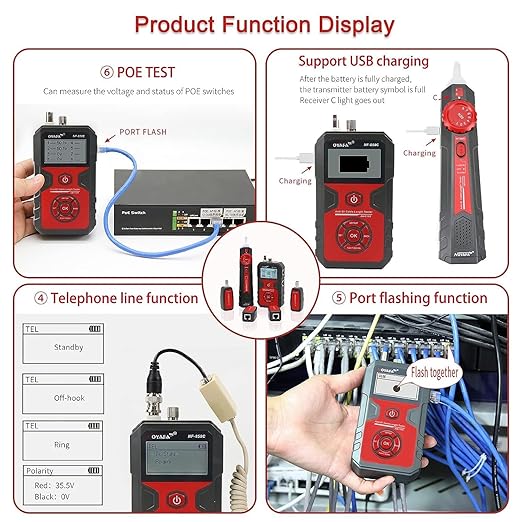 NOYAFA NF-858C Network Cable Tester Multifunctional with VFL Function,RJ11 RJ45 BNC,POE Voltage Testing Trace Cable Line Locator for Telephone/Ethernet/LAN Coax Cable Rechargeable Anti-Interference