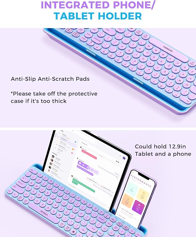 seenda Bluetooth Keyboard and Mouse for iPad, CTU-301 Multi-Device Bluetooth + 2.4G Wireless Keyboard Mouse with Tablet Holder for MacBook/Windows Computer, iOS/Andriod Tablet Phone, Blue & Purple