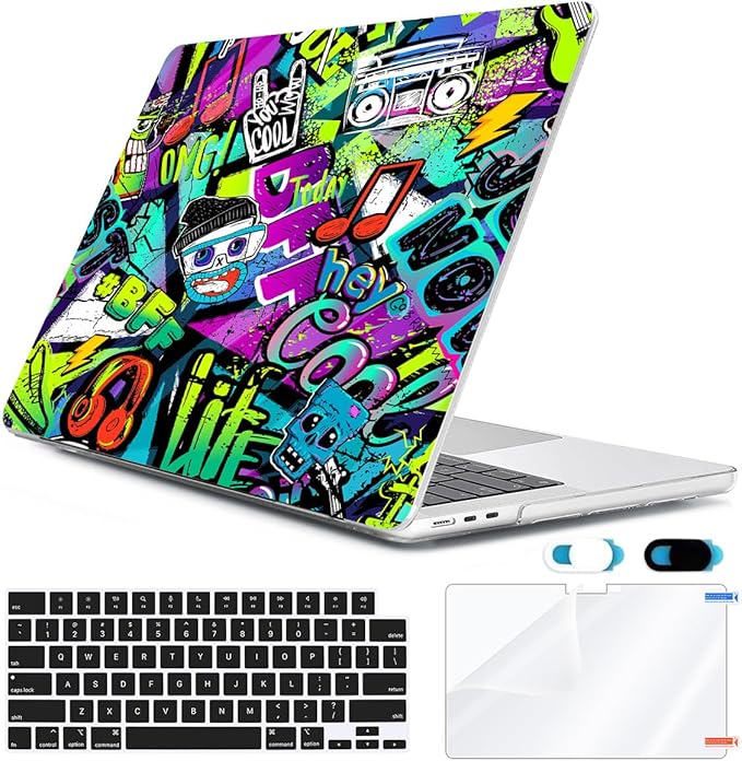 Compatible with MacBook Air 13 inch Case 2025 2024-2022 M4 A3240 M3 A3113 M2 A2681, Plastic Hard Shell&Keyboard Cover&Screen Film&Webcam Cover for MacBook Air 13.6 inch Case, Cool Graffiti