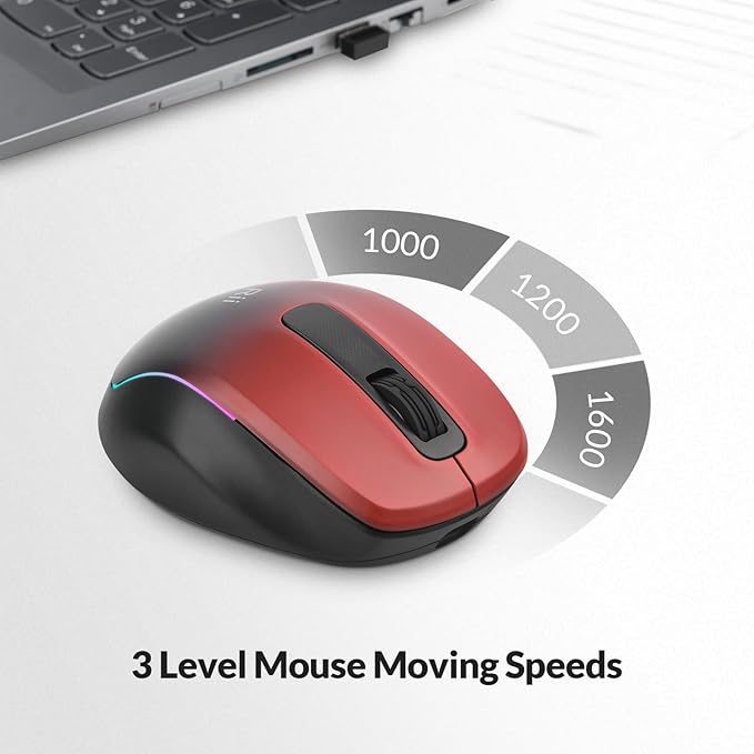 Rii Wireless Mouse Rechargeable, 2.4 GHz with USB Receiver, 1000/1200/1600 DPI, Ergonomic Grips, Silent Keys, Cordless Computer Mice for Laptop, PC, Desktop, Mac-Black&Red