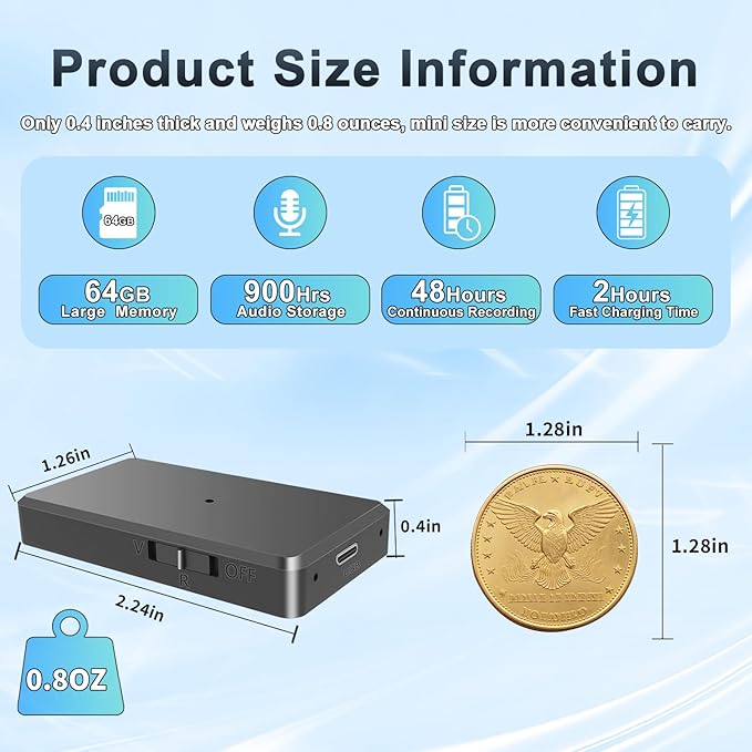 Voice Recorder - 64GB Mini Voice Recorder - Noise Cancellation Voice Activated Functionality, Rechargeable Audio Recorder with Earphone, Portable USB-C Recording Device for Work, Meetings, Interview