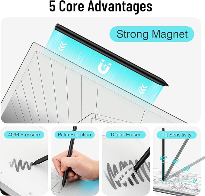 Magnetic Stylus Pen for Remarkable 2 Pen with Eraser, Digital Replacement Pen for Remarkable 2 Stylus Alternative Marker Plus, 4096 Pressure Sensitivity, Palm Rejection, Tilt Support with 5 Pen Tips