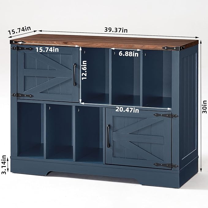 Large Record Player Stand with Vinyl Storage Up to 450 Albums, 39 Inch Farmhouse Wood Navy Blue Vinyl Records Storage Cabinet with Barn Doors, Mid-Century Turntable Stand for Living Room