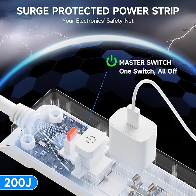 10 Ft Power Strip Surge Protector with USB Ports, Flat Plug Extension Cord, 5 AC Outlets and 3 USB Charging Ports, Wall Mountable, ETL Listed – White for Home, Office, Dorm