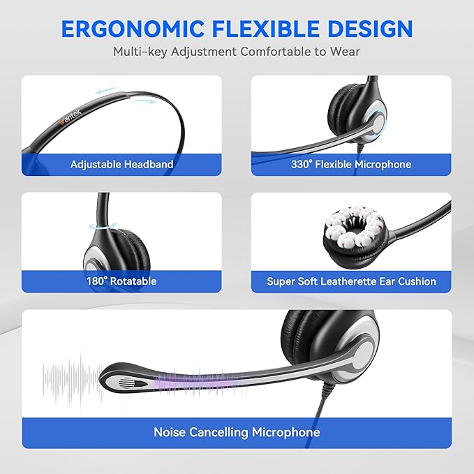 Wantek Computer Headset with Microphone for PC,Laptop,USB Headset with Noise Cancelling & Audio Controls,Computer Headphones for Call Center,Work,Ofiice,Mono
