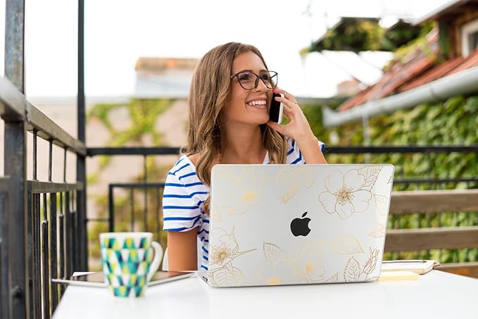 Teryeefi Compatible with 2018 2019 2020 MacBook Air 13 inch Case M1 Chip A2337 A2179 A1932 Retina Display Touch ID, Plastic Hard Shell & Keyboard Cover & Screen Protector,Gold Floral Leaf